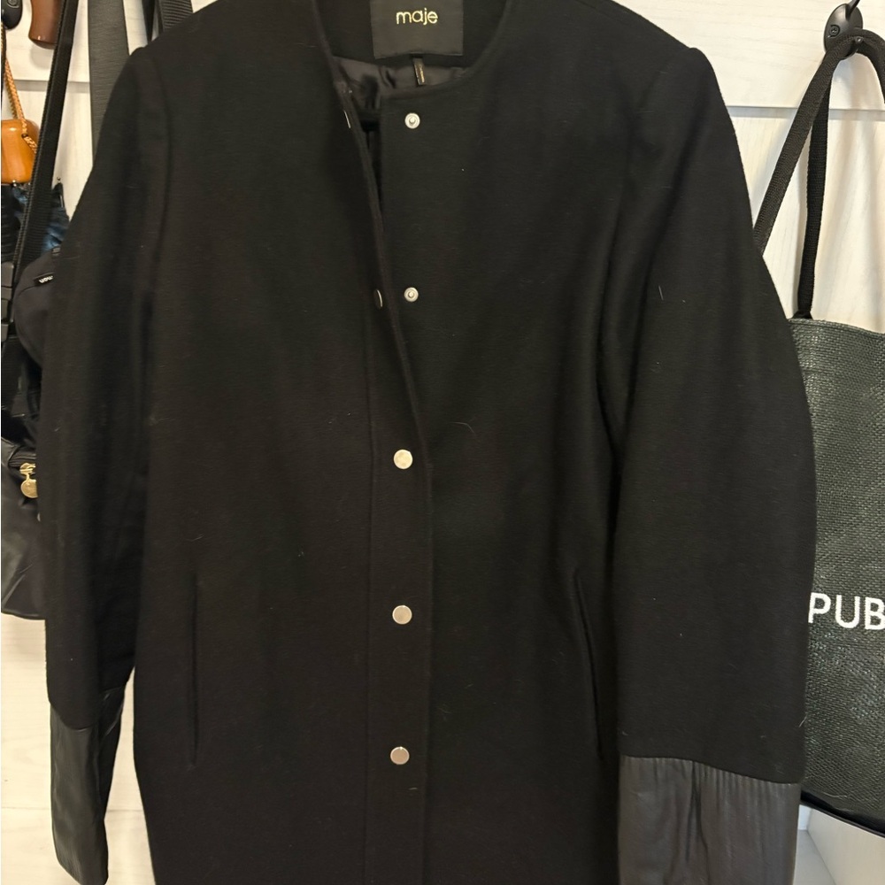 Maje Black Trench Coat with Leather Cuffs